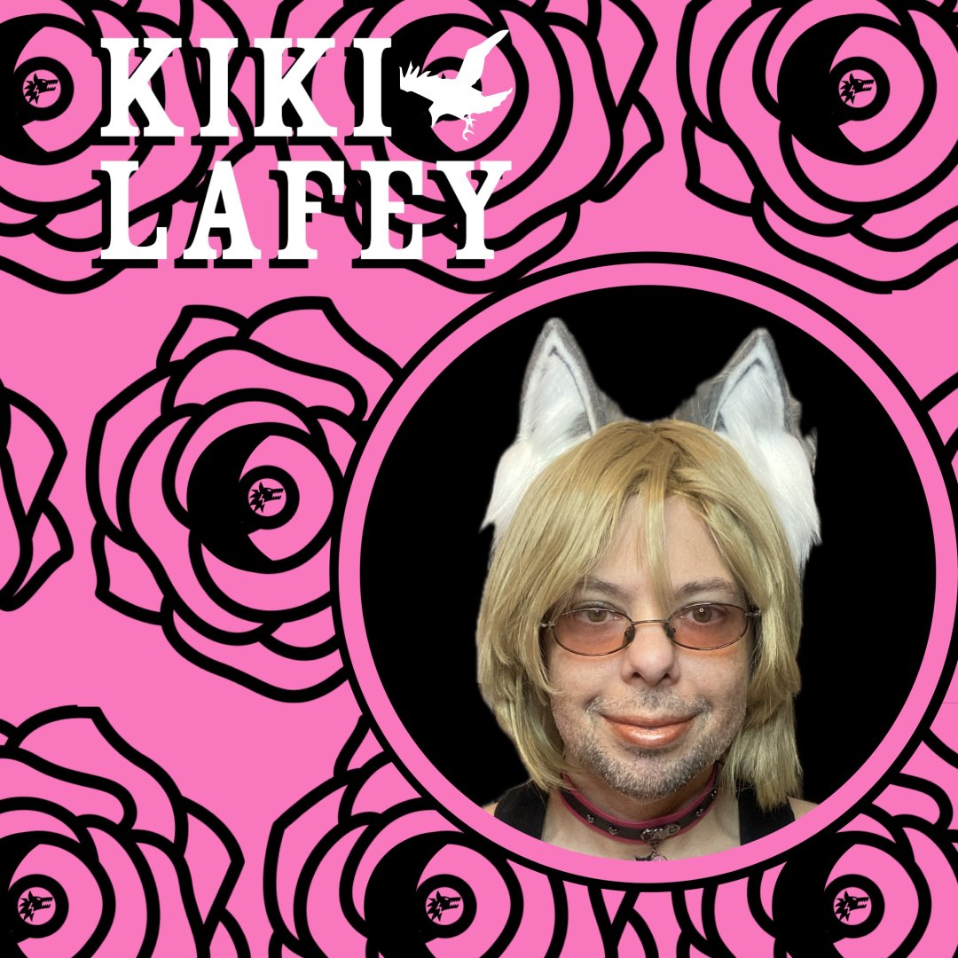 An individual with a blonde wig and fox ears poses in front of a pink floral background. The name 