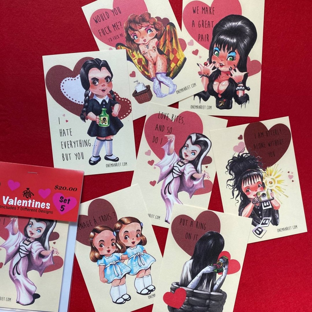 A collection of illustrated Valentine's cards featuring whimsical and quirky characters. Each card includes a playful, love-themed phrase and is adorned with heart graphics. The cards are displayed on a red background alongside a packaging labeled 