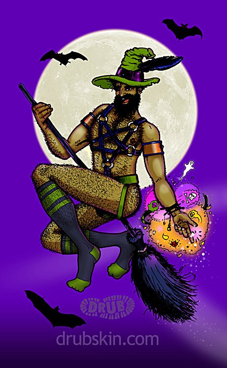 A swarthy, hairy witch on a broom on the full moon in the night sky with bats. His socks match his jock and harness.